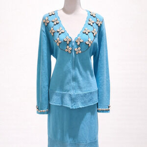 Storybook Knit Ramie M Skirt Set Turquoise Ornate Coastal Luxe Shell Embellished